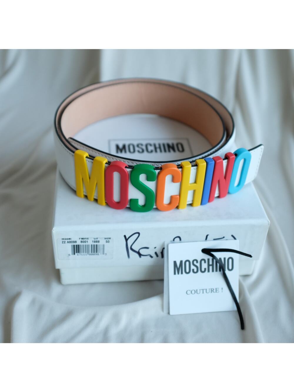 Moschino White Leather Multicolor Logo Buckle Belt Size Unisex IT50